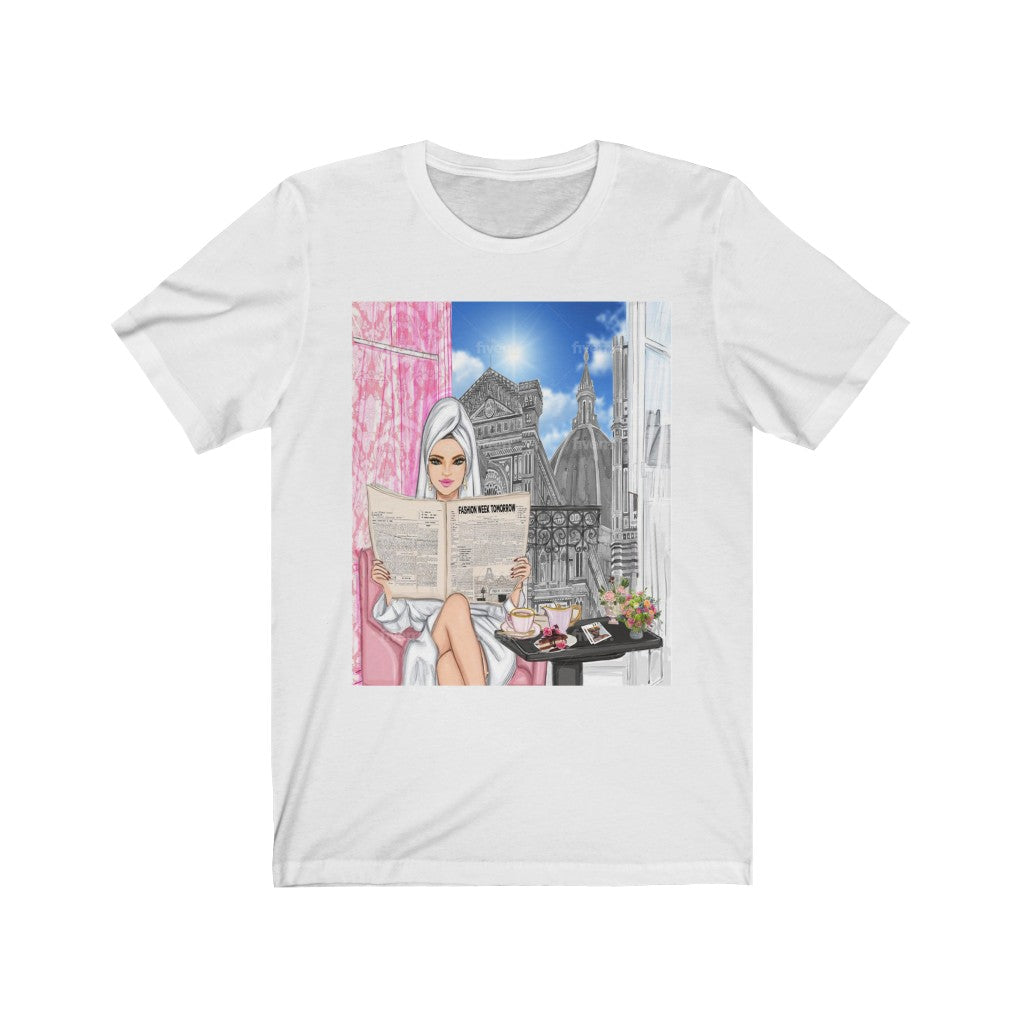 Woman Sitting at Window Tee - Printed Tee || woman wearing t-shirt
