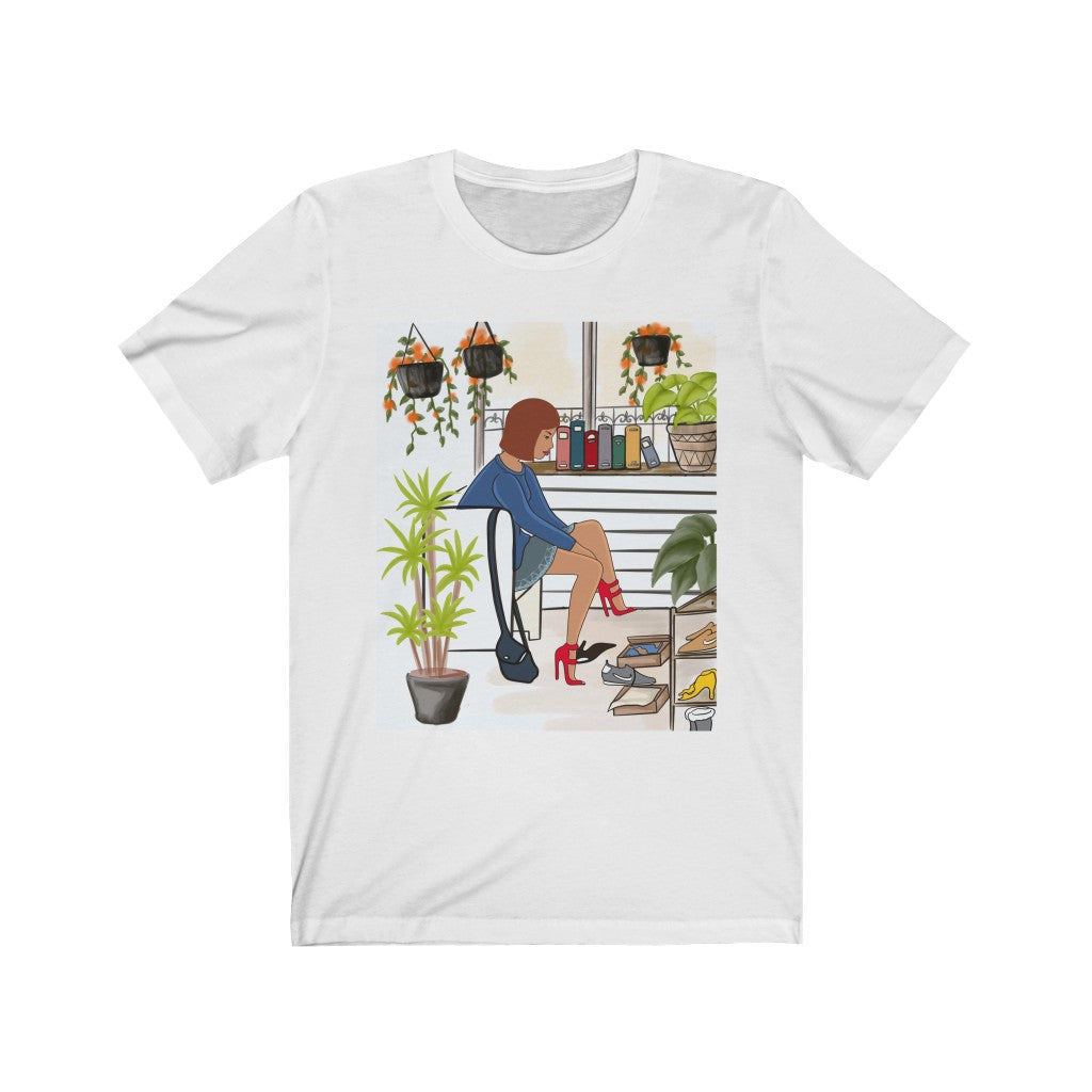 Woman Trying on Shoes Tee - Printed Tee || UT graphic t-shirts