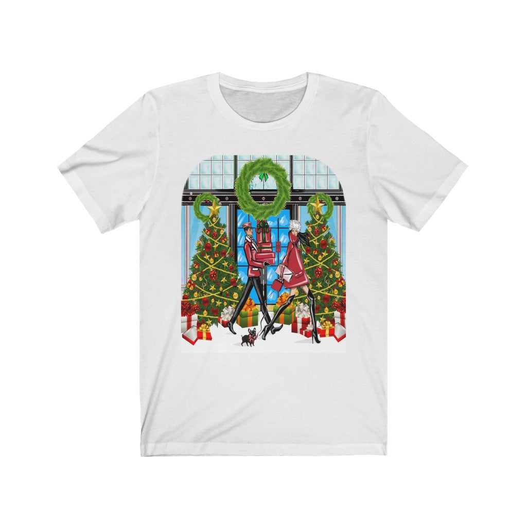 Christmas Scene with Puppy - Printed Tee || Adult Unisex T-Shirt