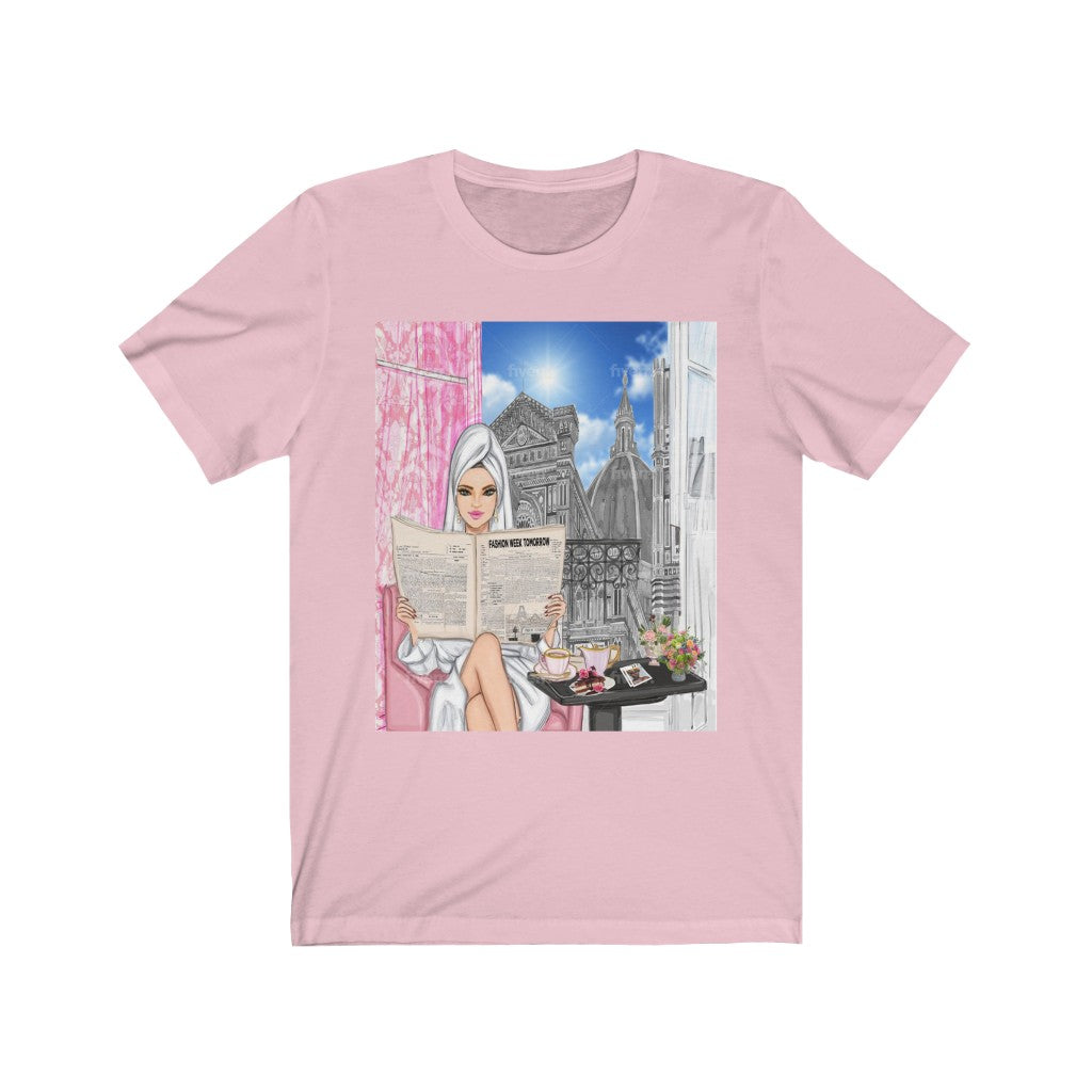 Woman Sitting at Window Tee - Printed Tee || woman wearing t-shirt