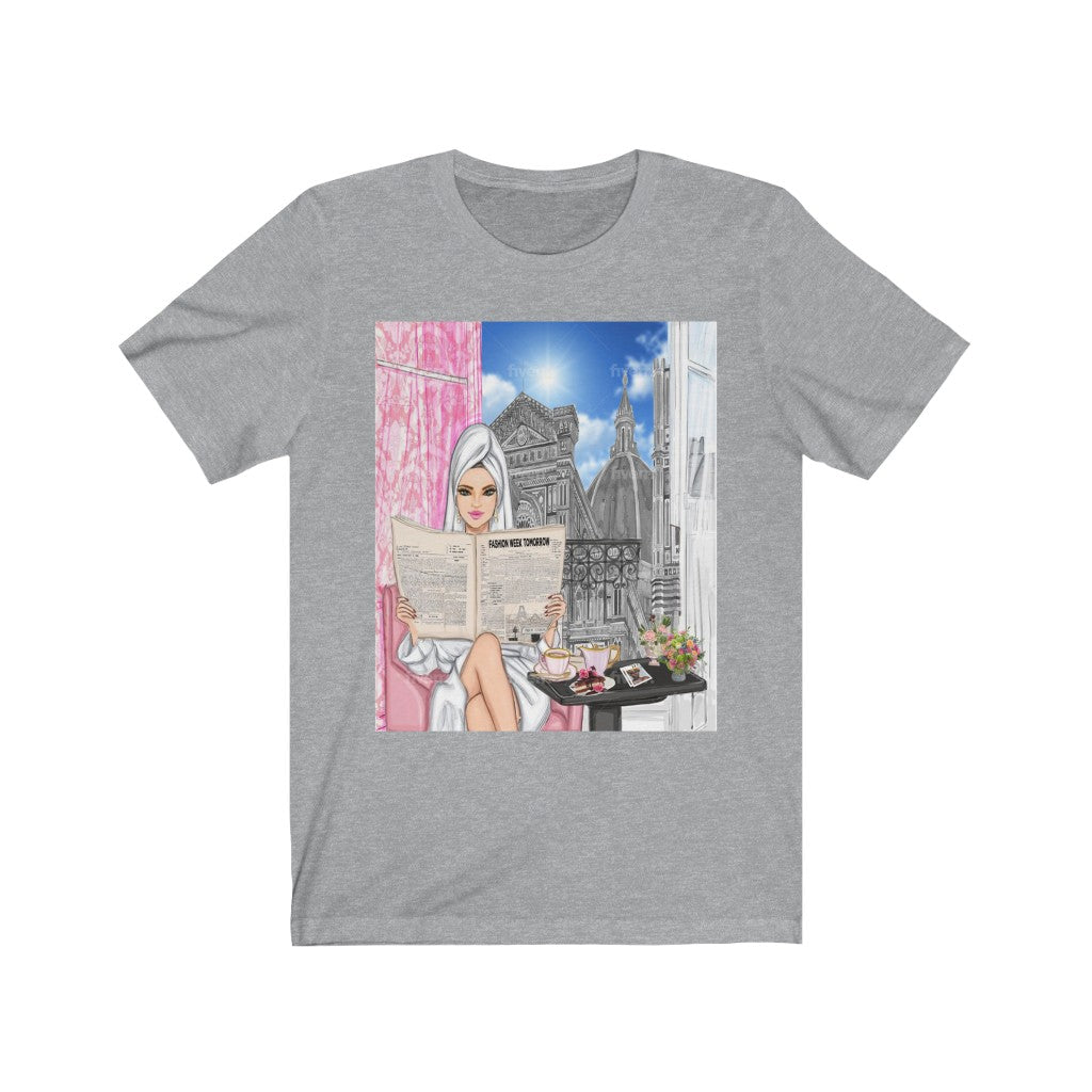 Woman Sitting at Window Tee - Printed Tee || woman wearing t-shirt